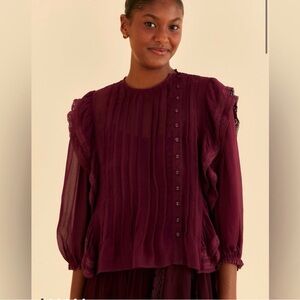 FARM Rio Wine Ruffled Pintuck Sheer Blouse